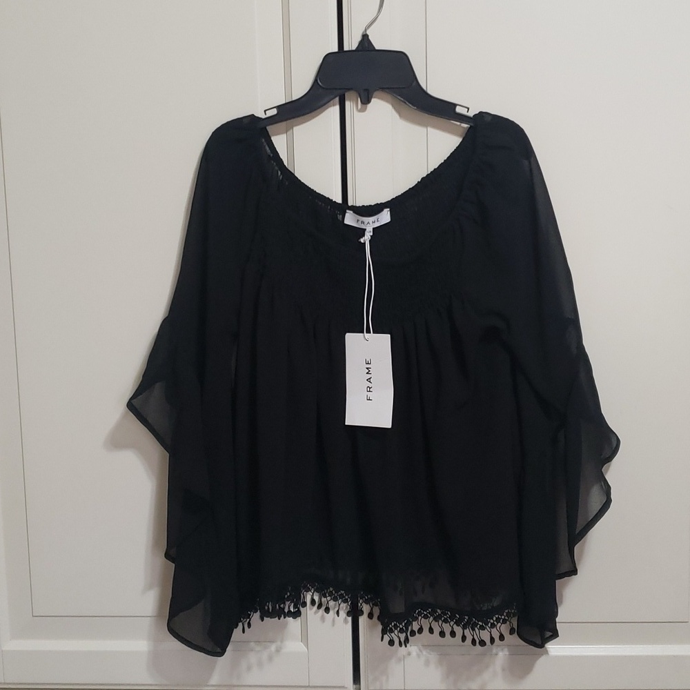 NWT Frame Chiffon Smocked Neck  Bell Sleeve Blouse Top Black L Large